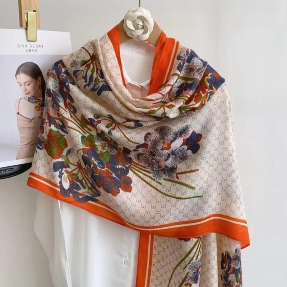 ShopEvelynne Elegant Floral Scarf with Orange Trim